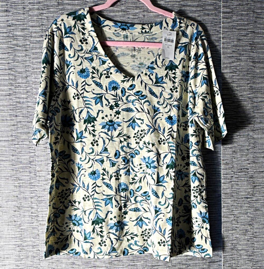 J. Jill Women’s Pima Cotton V-Neck Floral Tee T-Shirt, Blue/White/Green, XL